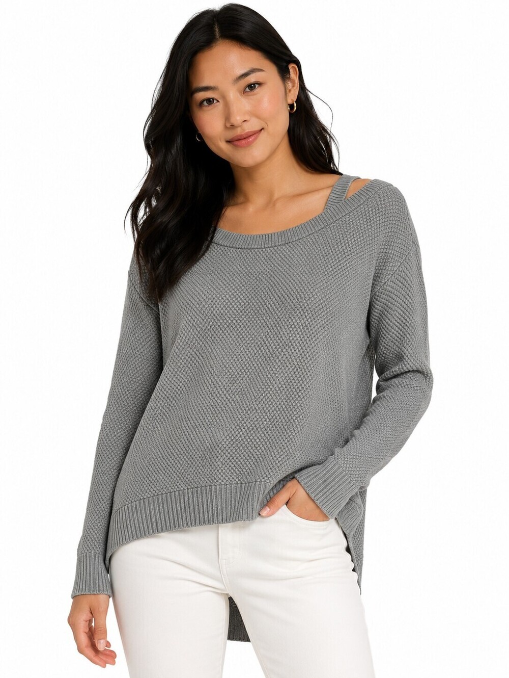 Michael Kors Grey Metallic scoop neckline Open Shoulder Knit Sweater - M